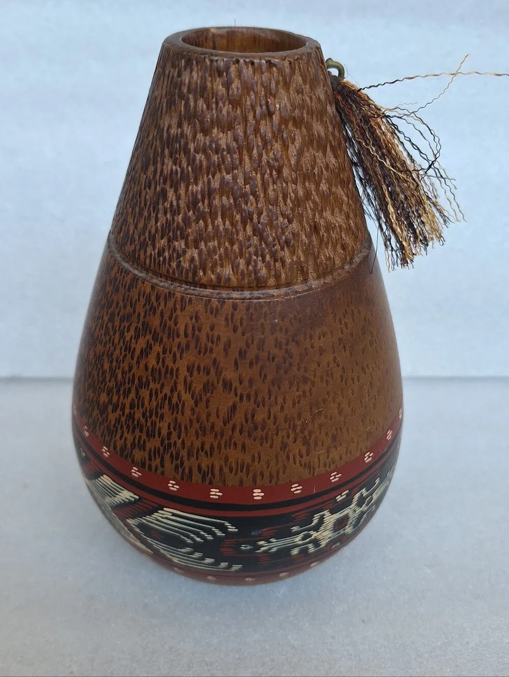 Vintage Handcrafted Cocowood Vase Handpainted Boho
